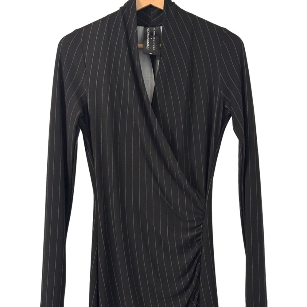 Norma Kamali Faux Wrap Jersey Pinstripe Sheath Maxi Dress in Black Size XS - Picture 7 of 11